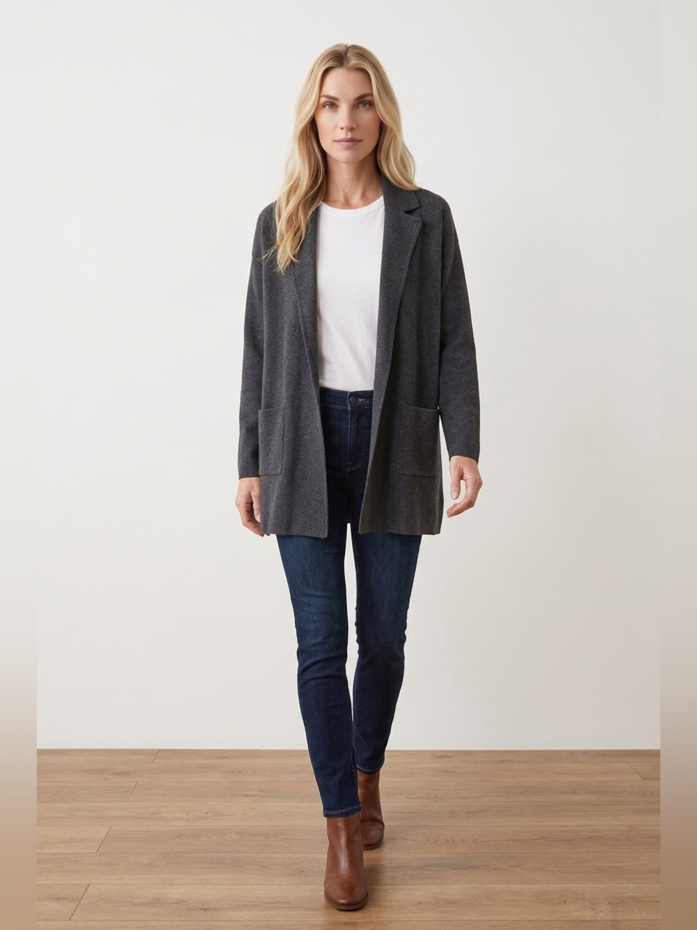 LOFT Charcoal Open-Front Blazer-Style Long Cardigan